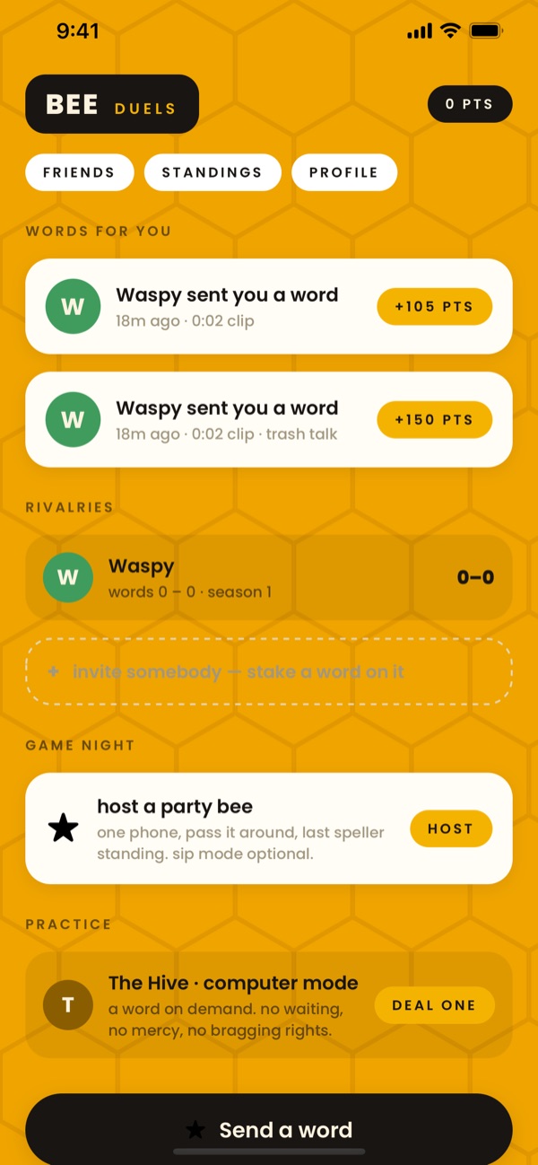 Bee Duels home screen showing words waiting for you, your rivalries, and a host a party bee card