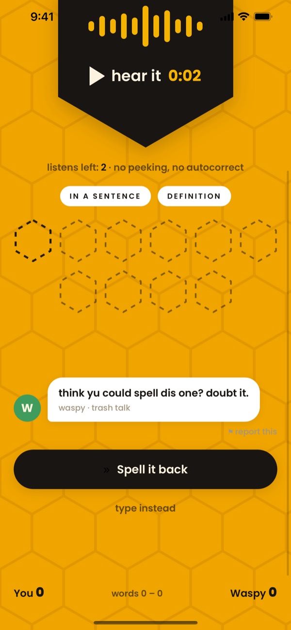 Bee Duels challenge screen: hear it, two listens left, and trash talk from a rival